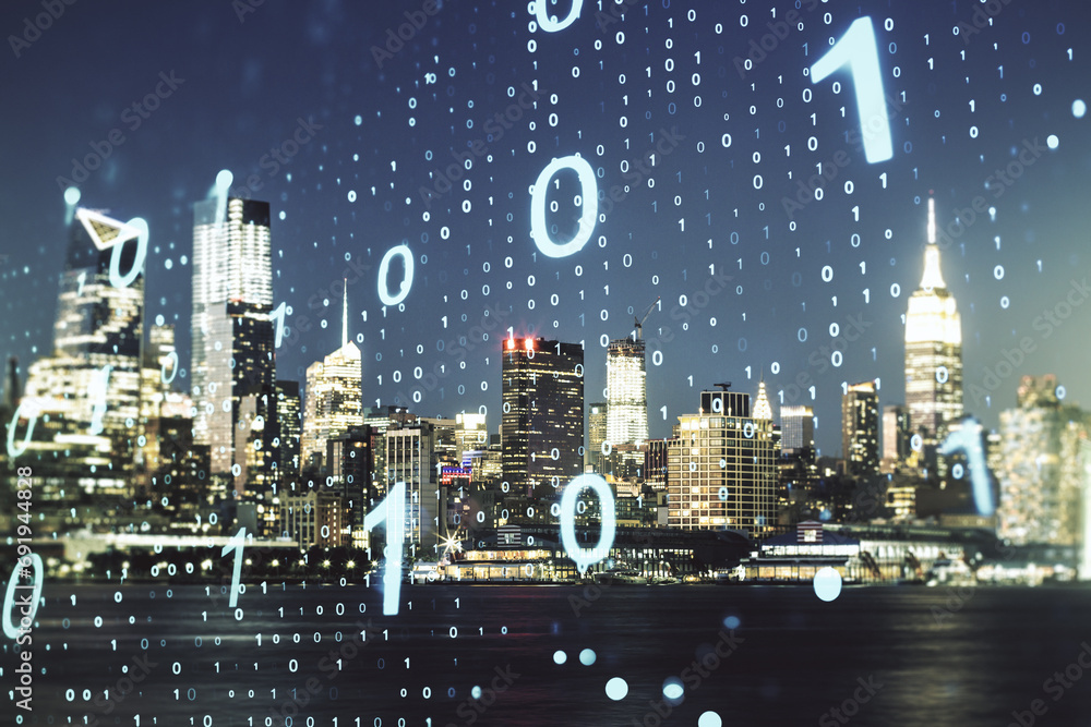 Aufkleber Double exposure of abstract virtual binary code hologram on New York city skyscrapers background. Database and programming concept