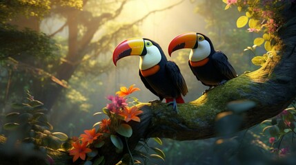 Generate a stunning AI-rendered image of two toucan tropical birds in the midst of a vibrant rainforest jungle. 