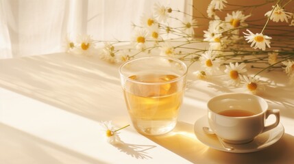 Herbal chamomile tea and chamomile flowers next to a teapot and a tea glass.