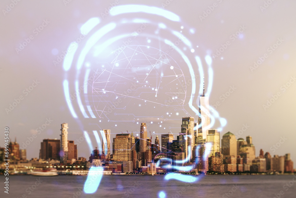 Aufkleber abstract virtual artificial intelligence concept with human head sketch on new york cityscape backgr