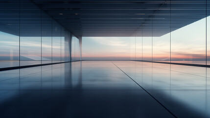3d render of abstract futuristic glass architecture with empty concrete floor