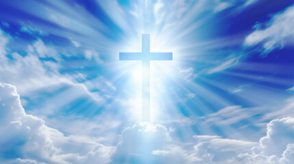 Christian cross with god ray on blue sky - obrazy, fototapety, plakaty