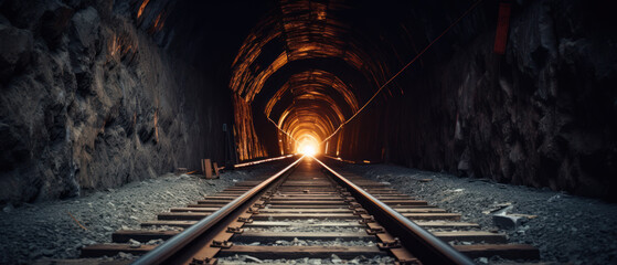Sunset illuminating a railroad tunnel.