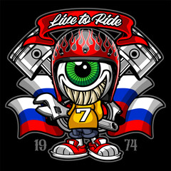 cartoon character wearing a helmet with a Russian flag on a background