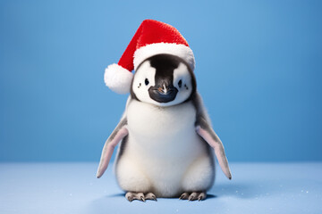 Cute penguin wearing santa hat and blue background with copy space, adorable animal celebrating Christmas concept.