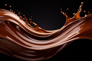 Melted chocolate splash, tasty chocolate wave floating in mid air isolated on dark background,...