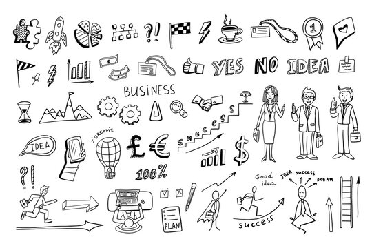 Big set of business elements. Doodle style. Hand drawn vector illustration EPS10. Work, office, success, business man, business woman. Great for banner, posters, cards, stickers, professional design.