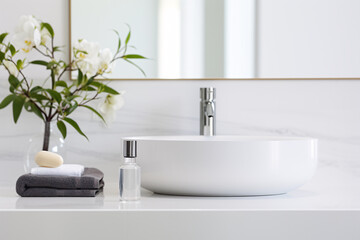 Fototapeta na wymiar White bathroom interior design, countertop washbasin and faucet on white marble counter in modern luxury minimal washroom.
