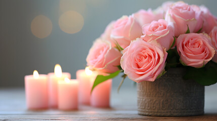 Fototapeta na wymiar A romantic pink rose bouquet under candlelight on wooden table, wedding and Valentine s day background.
