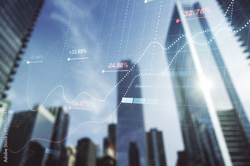 Poster double exposure of abstract virtual statistics data hologram on modern skyscrapers background, stati
