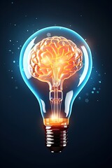 Light bulb with brain inside. Concept of idea, creativity, innovation and solution. Generative Ai