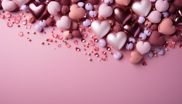 Hearts on pink background flat lay Valentine's Day. Valentine's Day top view flat lay background full of pink hearts. Love background. Love
