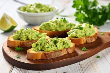Toasts bread with guacamole on wooden board