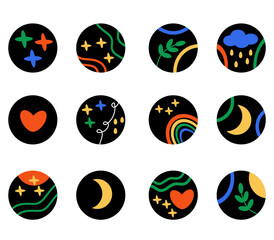 Vector collection of black abstract instagram highlights icon rainbow heart moon leaf. round icons, buttons, abstract icons, highlight cover, rainbow, heart, moon, leaves, stars, instagram elements