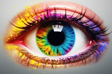  a close up of a person's eye with a multicolored eyeball in the center of the eye.