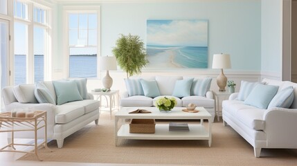 A coastal-inspired living room with light blue walls, white furniture, and beachy decor