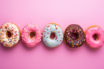  a row of doughnuts with sprinkles arranged in a row on a pink and pink background.