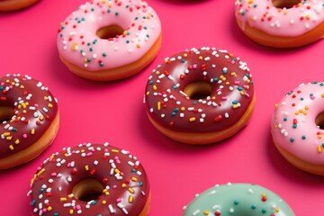  a bunch of doughnuts with sprinkles on them on a pink and pink surface with a pink background.