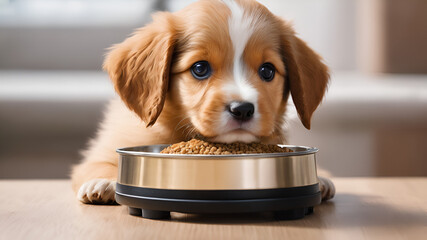 Puppy eating food in the kitchen from bowls. Cute puppy eating dog food on wooden floor,