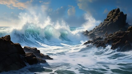 illustration of a stormy ocean with waves breaking on rocks