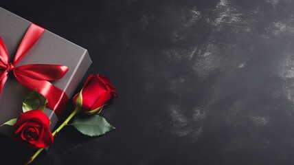 gift box and a red rose on dark background , flat lay and copy space , generative ai
