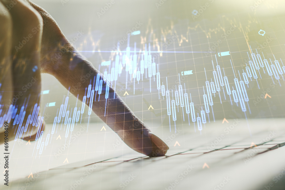 Poster double exposure of abstract creative financial chart with world map and with hands typing on compute