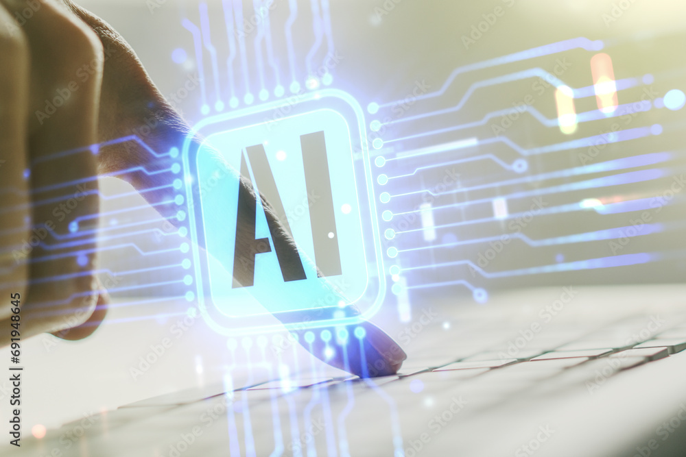 Poster double exposure of creative artificial intelligence icon with hands typing on laptop on background. 