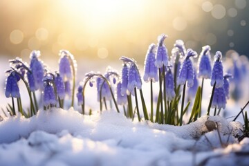 a group of purple flowers sitting in the snow on top of a pile of snow next to snow covered ground.