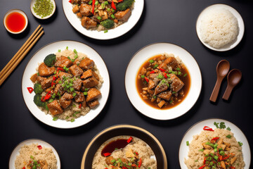 Chinese cuisine. Chinese food, sweet and sour pork in brown soy sauce served with rice. Generative AI