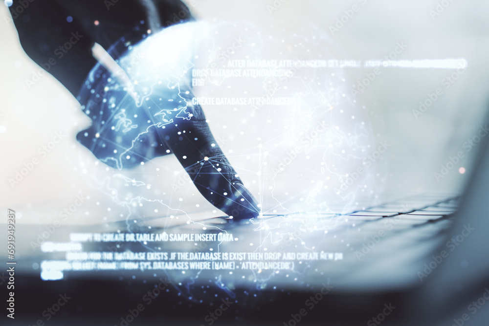 Poster multi exposure of abstract software development hologram with world map and hands typing on computer