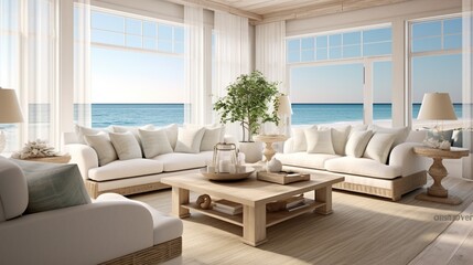 A contemporary coastal living room with a white color palette, beachy decor, and panoramic windows