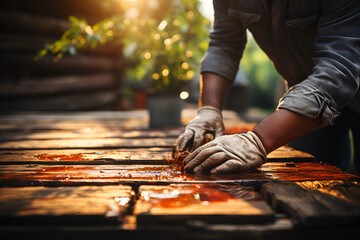 Man applying wood stain onto wooden surface against blurred background, closeup - obrazy, fototapety, plakaty