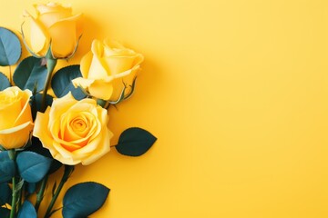  a bouquet of yellow roses with green leaves on a yellow background with a place for a text or a picture.