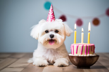 Maltese puppy in a birthday cap sits with a birthday cake and many candles, home interior, happy dog - obrazy, fototapety, plakaty