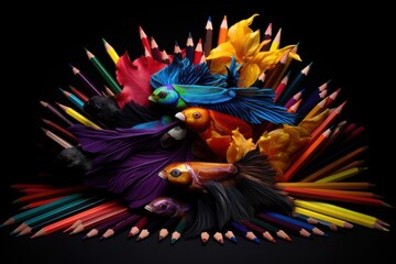  a bunch of colored pencils that are in the shape of a fish and fish on top of each other.