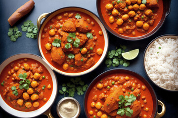 Indian cuisine. Assorted Indian food including chickpeas, curry, masala and naan. Generative AI