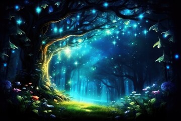  a painting of a forest at night with stars in the sky and a path leading to a bright glowing tree.