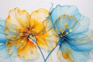  a couple of blue and yellow flowers on a white surface with yellow stamens in the middle of the petals.
