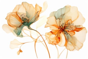  a close up of a flower on a white background with a blurry image of two flowers in the background.