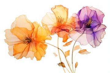  a close up of three different colored flowers on a white background with one flower in the foreground and the other in the background.