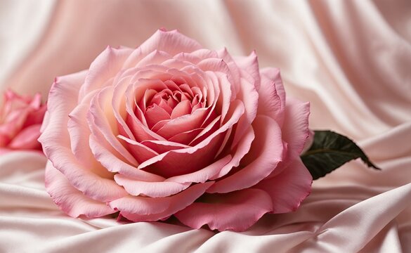 Close-up of a pink rose on a beige silk flowing fabric background.