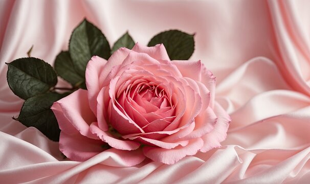Close-up of a beautiful pink rose on light pink satin.