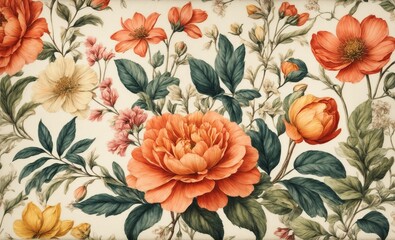 Floral pastel wallpaper. Seamless wallpaper with vintage nature. Decorative vintage pattern, textile background, floral design, background fabric.