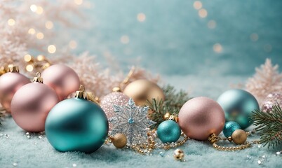 Premium Christmas decorations. Festive background of Christmas balls in turquoise, light pink and blue tones with gold and sparkle of diamonds and sapphires.