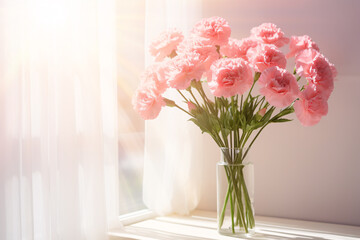 Pink Carnations Bouquet on White Wall Background with Sunlight Shadows for Home Decor