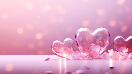 Glass hearts on a pink background with space for text, background for Valentine's day