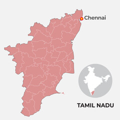 Tamil Nadu locator map showing District and its capital  - obrazy, fototapety, plakaty