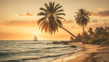 A coastal paradise during sunset, golden hour casting warm hues on serene waves, a solitary palm tree leaning towards the shore, distant sailboats peacefully navigating