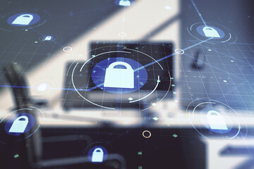 Creative idea concept with lock symbol and microcircuit illustration and modern desktop with computer on background. Protection and firewall concept. Multiexposure