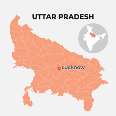 Uttar Pradesh locator map showing District and its capital  - obrazy, fototapety, plakaty